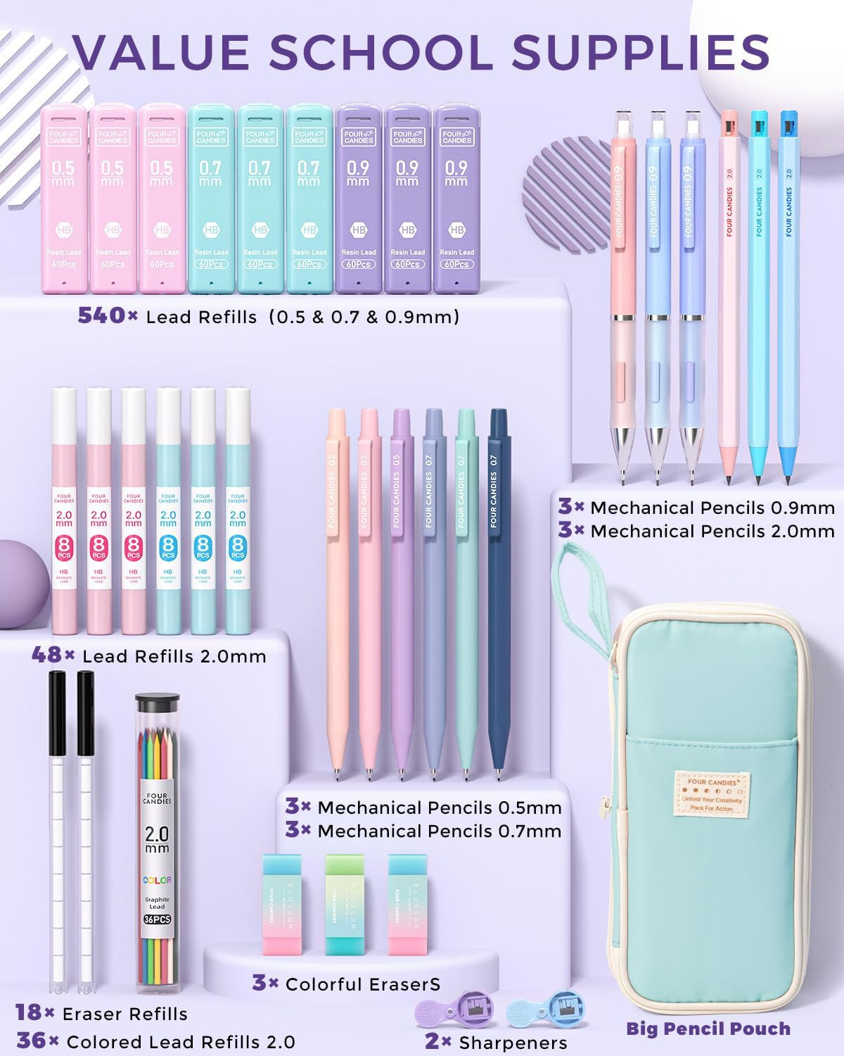 36PCS Aesthetic School Supplies, Mechanical Pencil Set 0.5mm, 0.7mm, 0.9mm & 2.0