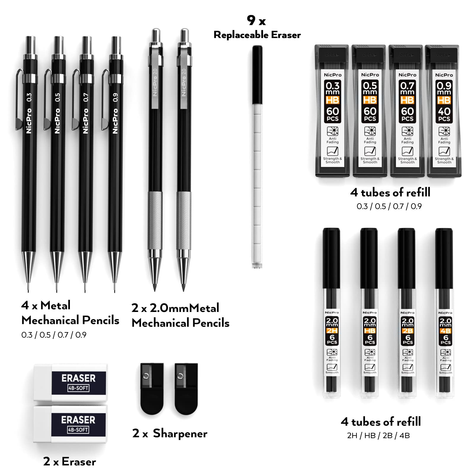 Nicpro 6 PCS Art Mechanical Pencil Set, Black 1 Count (Pack of 6),