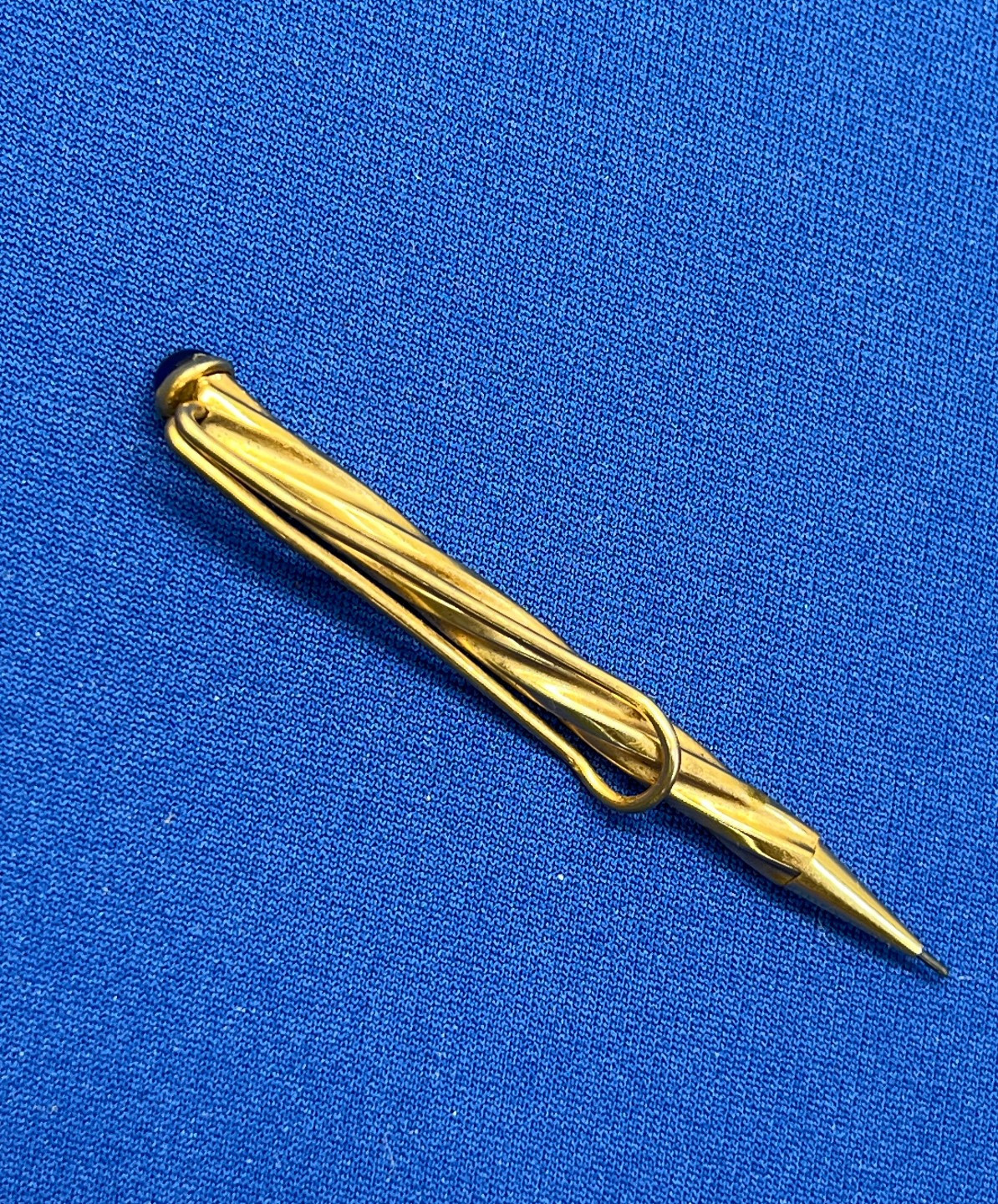Vintage Gold Tone Mechanical Pencil Blue Cabochon End Cap Pocket Clip Working