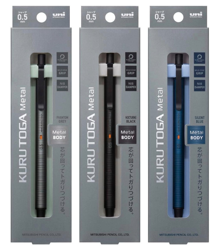 Uni Kuru Toga METAL 0.5mm Mechanical Pencil 3-Color Set Black Blue Gray