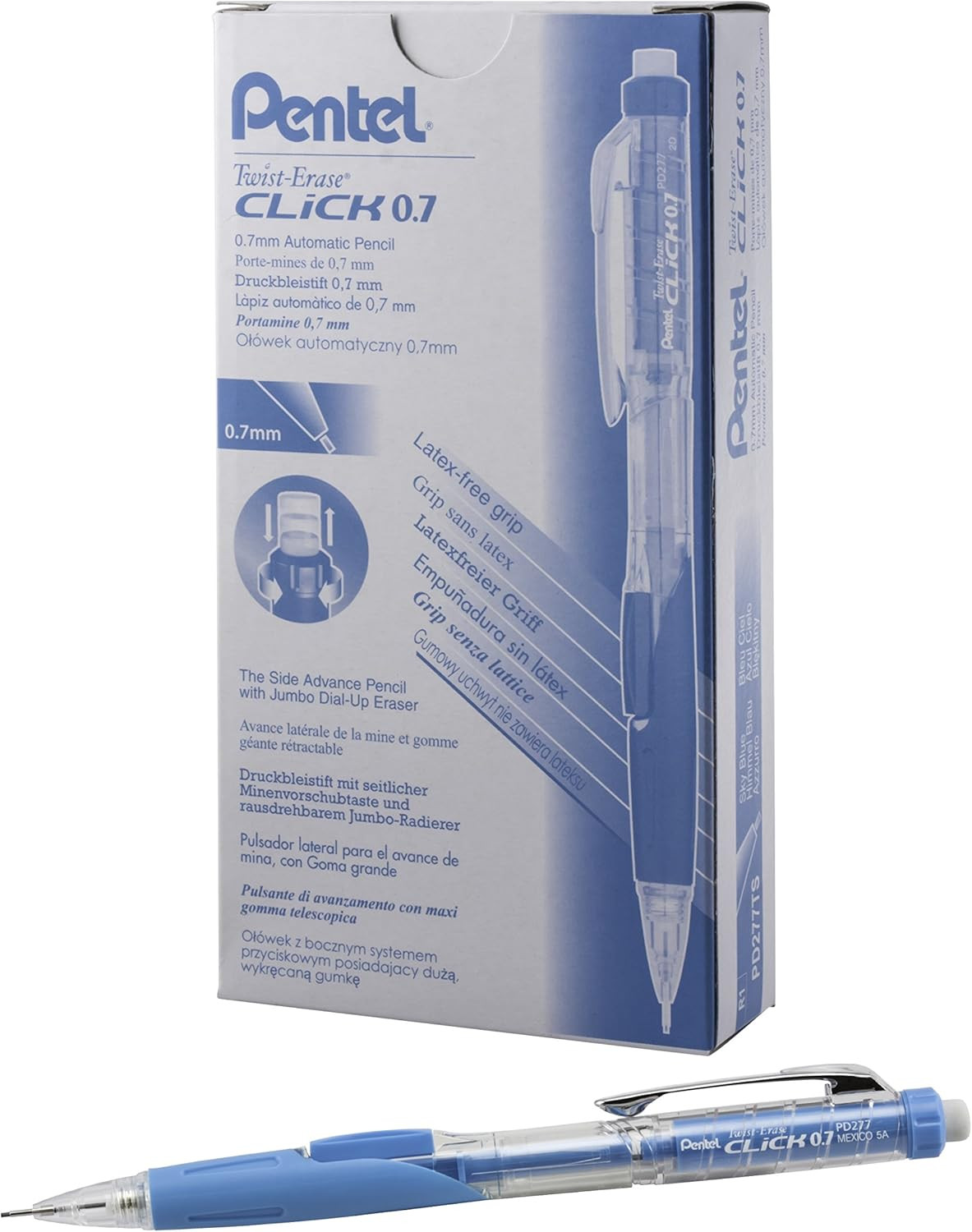 Twist-Erase CLICK Mechanical Pencil, (0.7Mm), CLEAR Barrel, Sky Blue Grip, 12 Pa