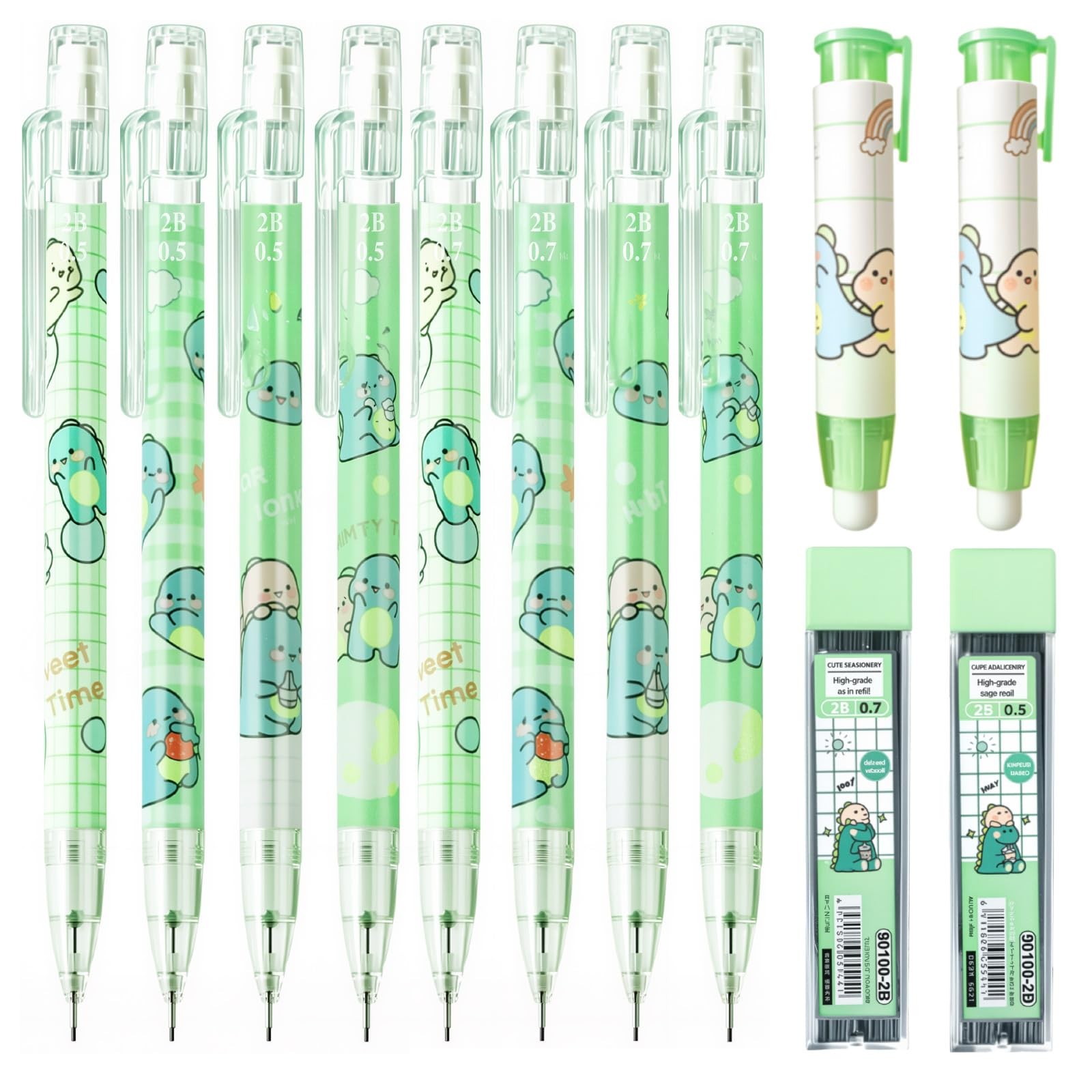Cute Green Dinosaur Mechanical Pencil Set Include 8Pcs Kawaii Mechanical Penc…