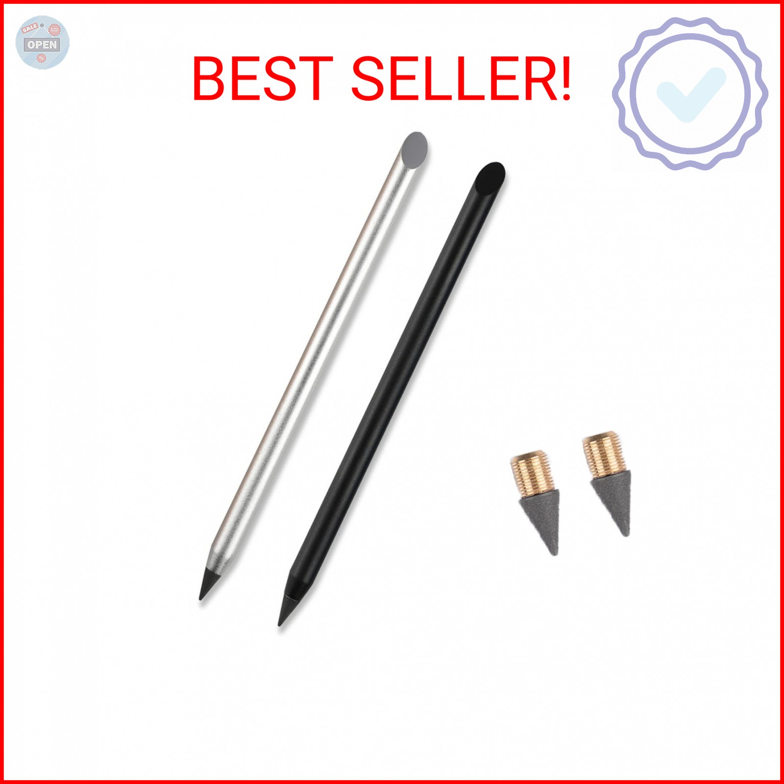 2pcs Metal Inkless Pencil with BONUS 2 Replaceable Nibs, Metal Inkless Pen Erasa