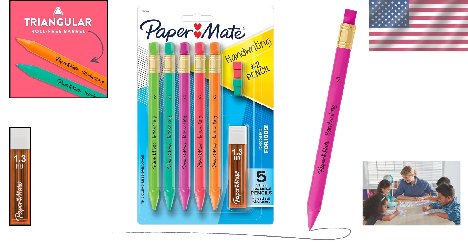 Bright Assorted Triangular Pencils: 5-Count 1.3mm Mechanical Pencils for Kids