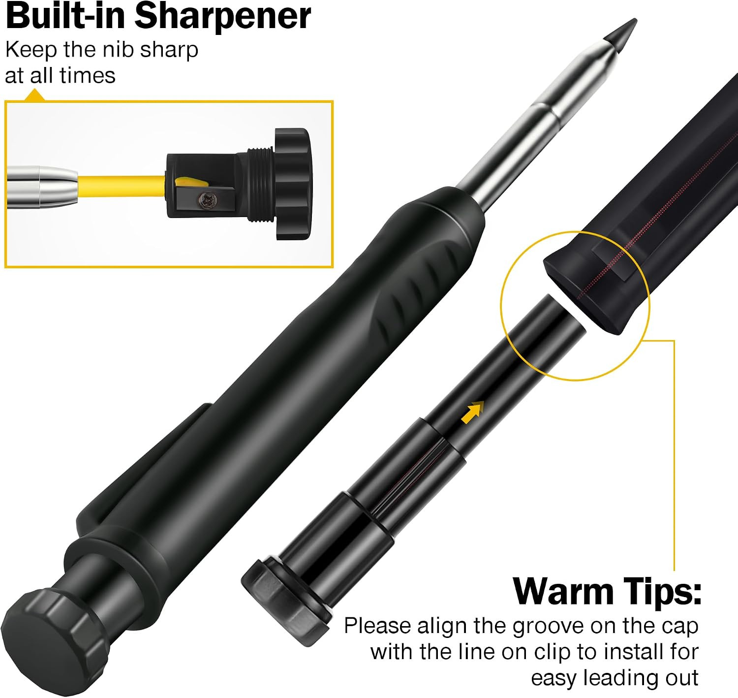 2 Pack Solid Carpenter Pencils with Pencil Cap and 18 Refills, Long Nose