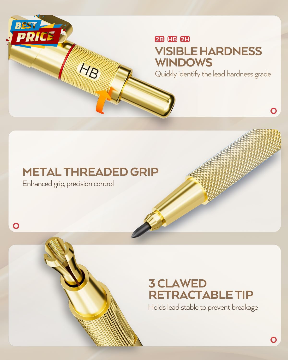 Gold Art Mechanical Pencil Set, Metal Drafting Pencil 0.5, 0.7, 0.9Mm & 2Mm Lead