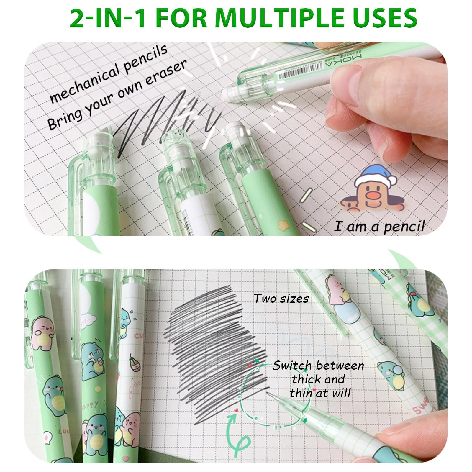 Cute Green Dinosaur Mechanical Pencil Set Include 8Pcs Kawaii Mechanical Penc…