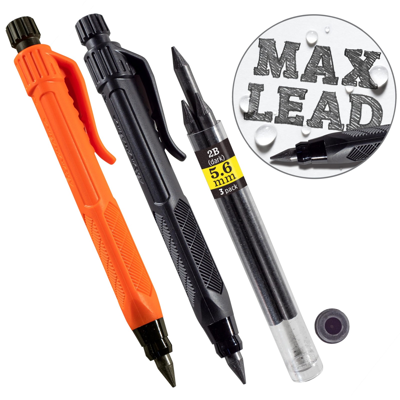 2 Pack Lead Holder Pencil, 5.6mm 2B Lead, Black, Orange, Gravity-Fed, 56-2, Art