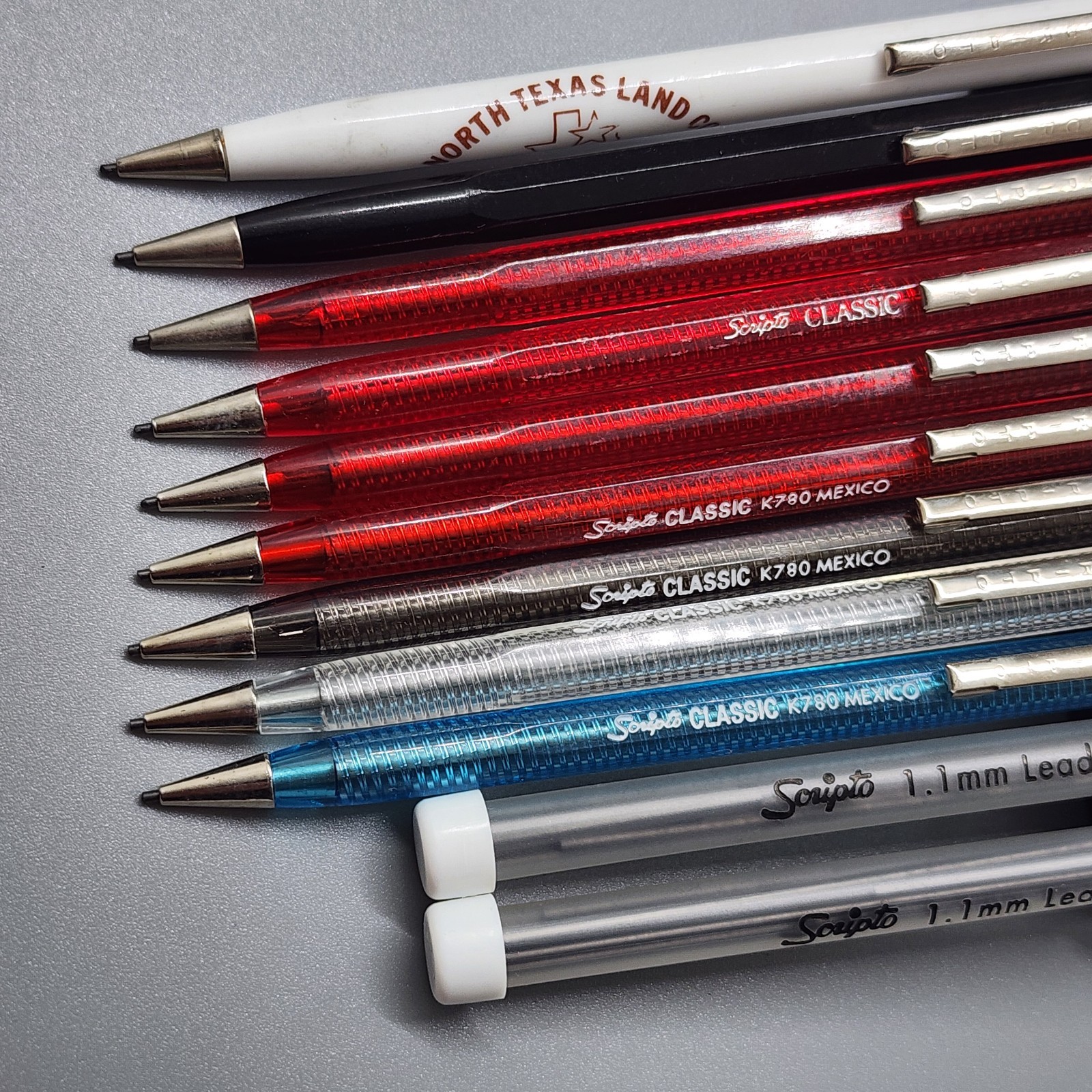 9 Vintage SCRIPTO Classic Mechanical Pencils Translucent Red Blue Smoke + Lead