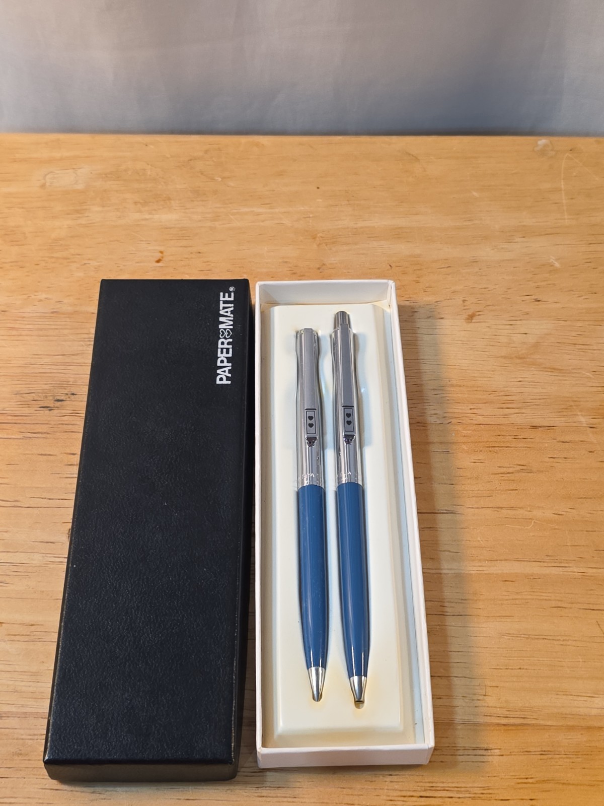 Vintage Paper Mate Blue Chrome Ballpoint Pen Mechanical Pencil Set Original Box