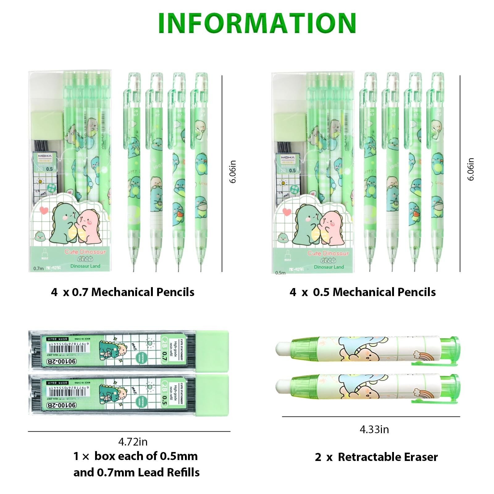 Cute Green Dinosaur Mechanical Pencil Set Include 8Pcs Kawaii Mechanical Penc…