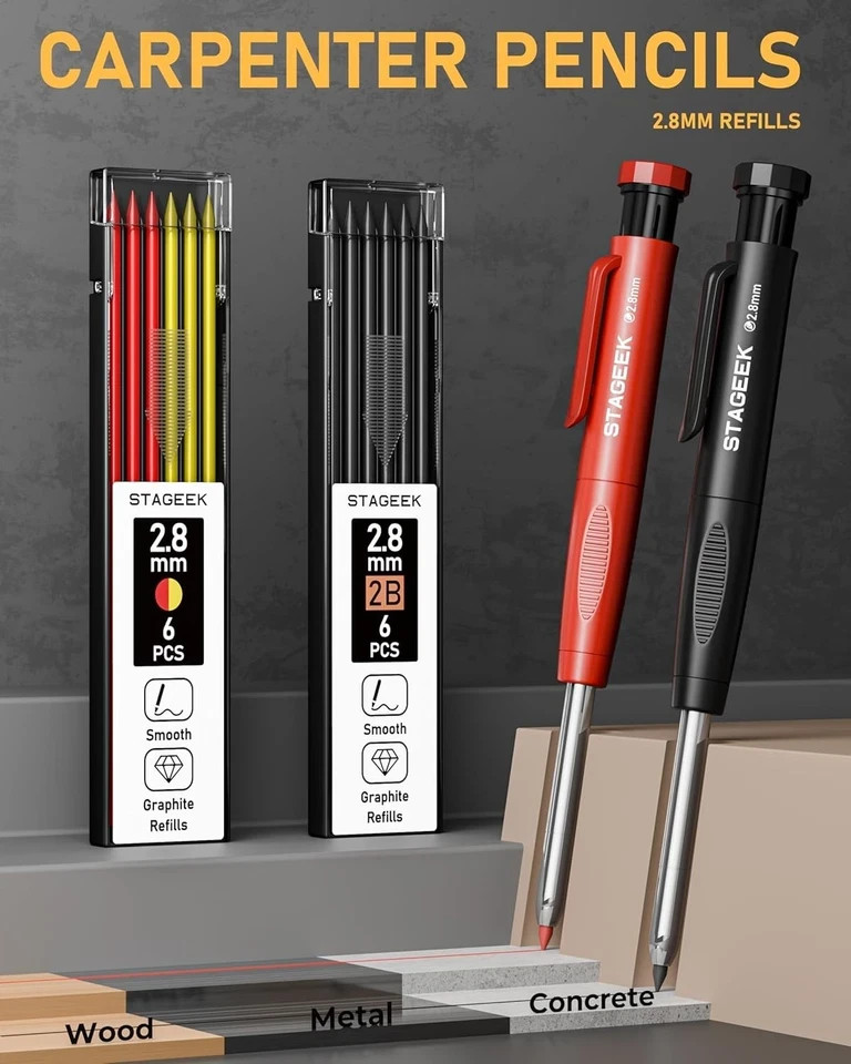 17 Pack Mechanical Carpenter Pencil Set with Sharpener 40 Red+Black(17pcs)