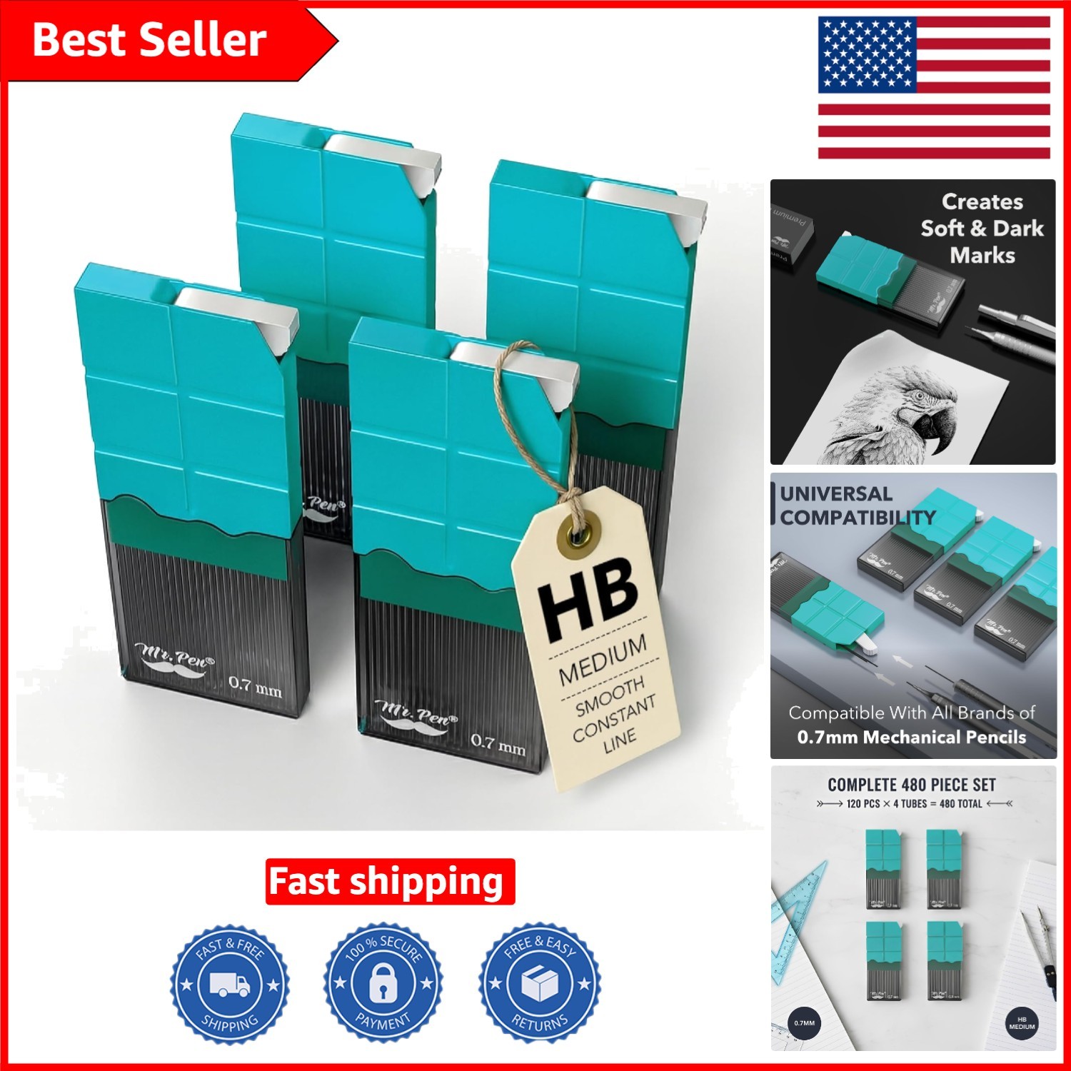 Versatile 0.7mm HB Black Graphite Lead Refill | 480 Pieces for Daily Use