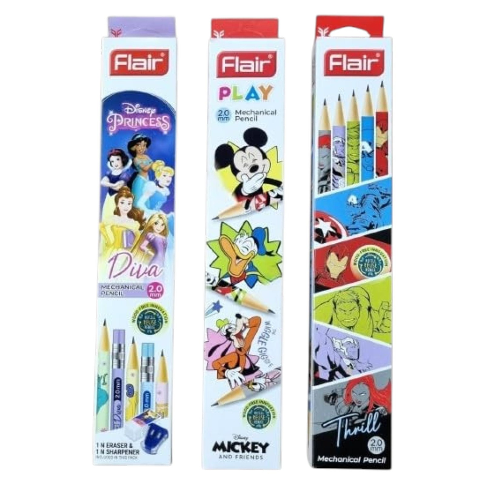 Flair 2.0mm 2B Mechanical Pencils Pack of 3 with Sharpener & Eraser