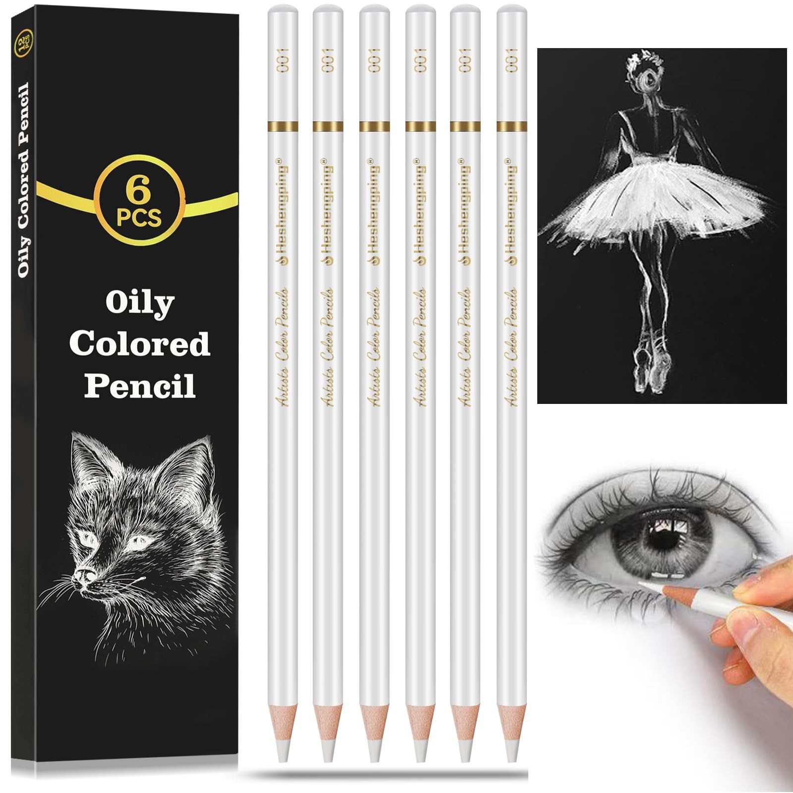 White Color Pencils, Professional 6 Pack Draw Pencil for Sketching,