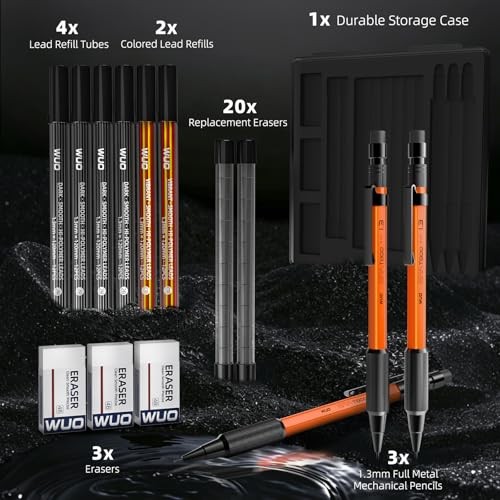 1.3mm Mechanical Pencil Set with 72 Lead Refill, 3 Eraser, 20 3 Pack (Orange)