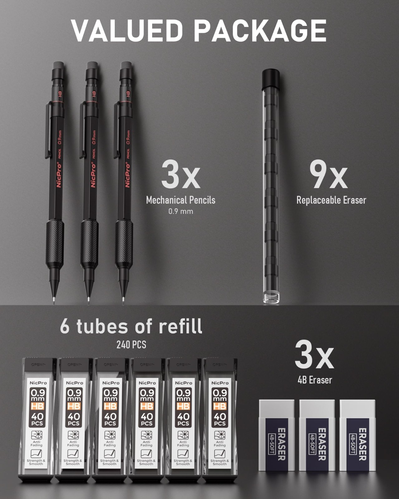 0.9mm Mechanical Pencil Set – 3PCS Heavy Duty with Case, HB Lead Refills & Erase
