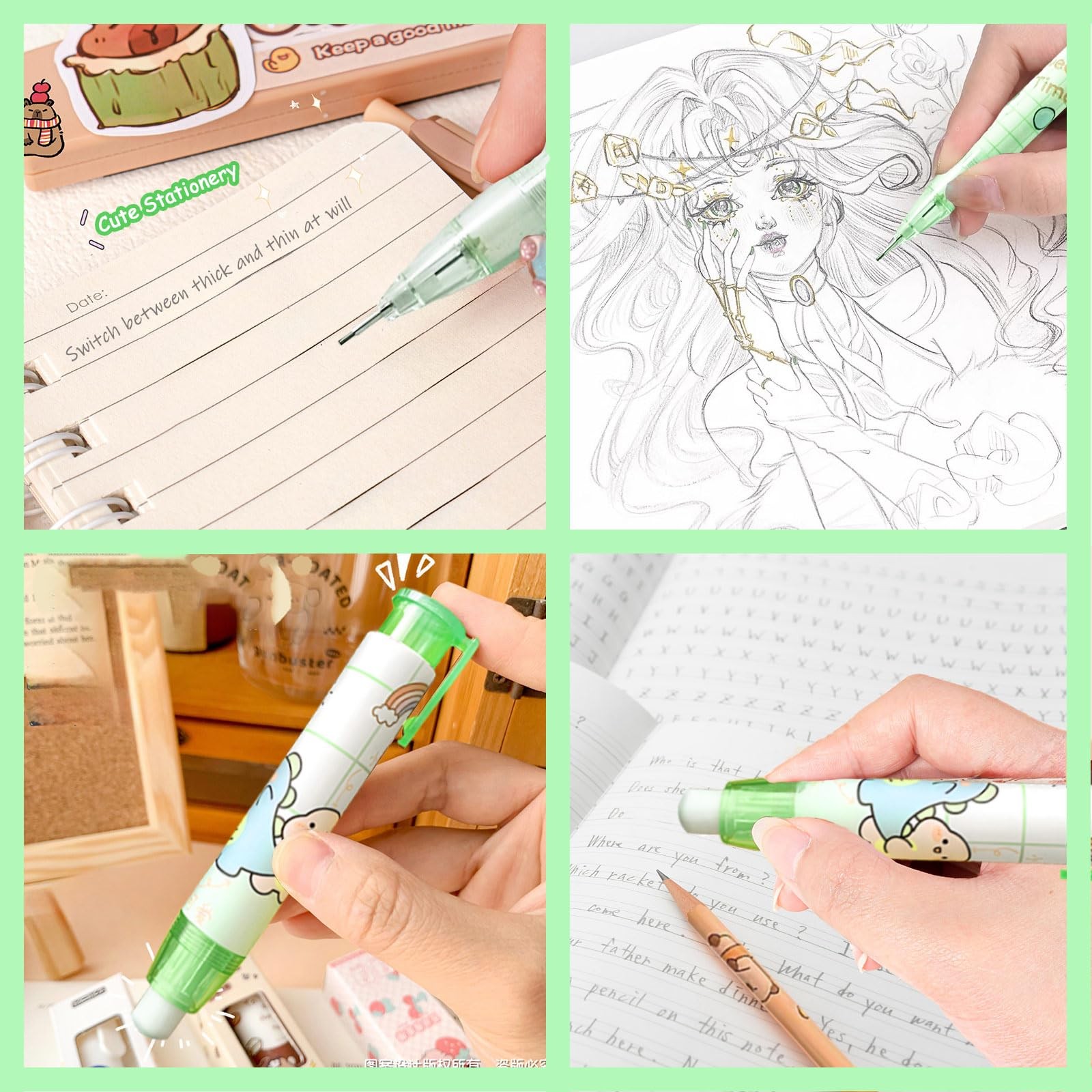 Cute Green Dinosaur Mechanical Pencil Set Include 8Pcs Kawaii Mechanical Penc…