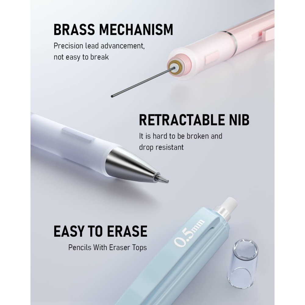 3PCS Pastel Mechanical Pencil Set, 0.5 Mechanical Pencils with 6 Tube HB Lead