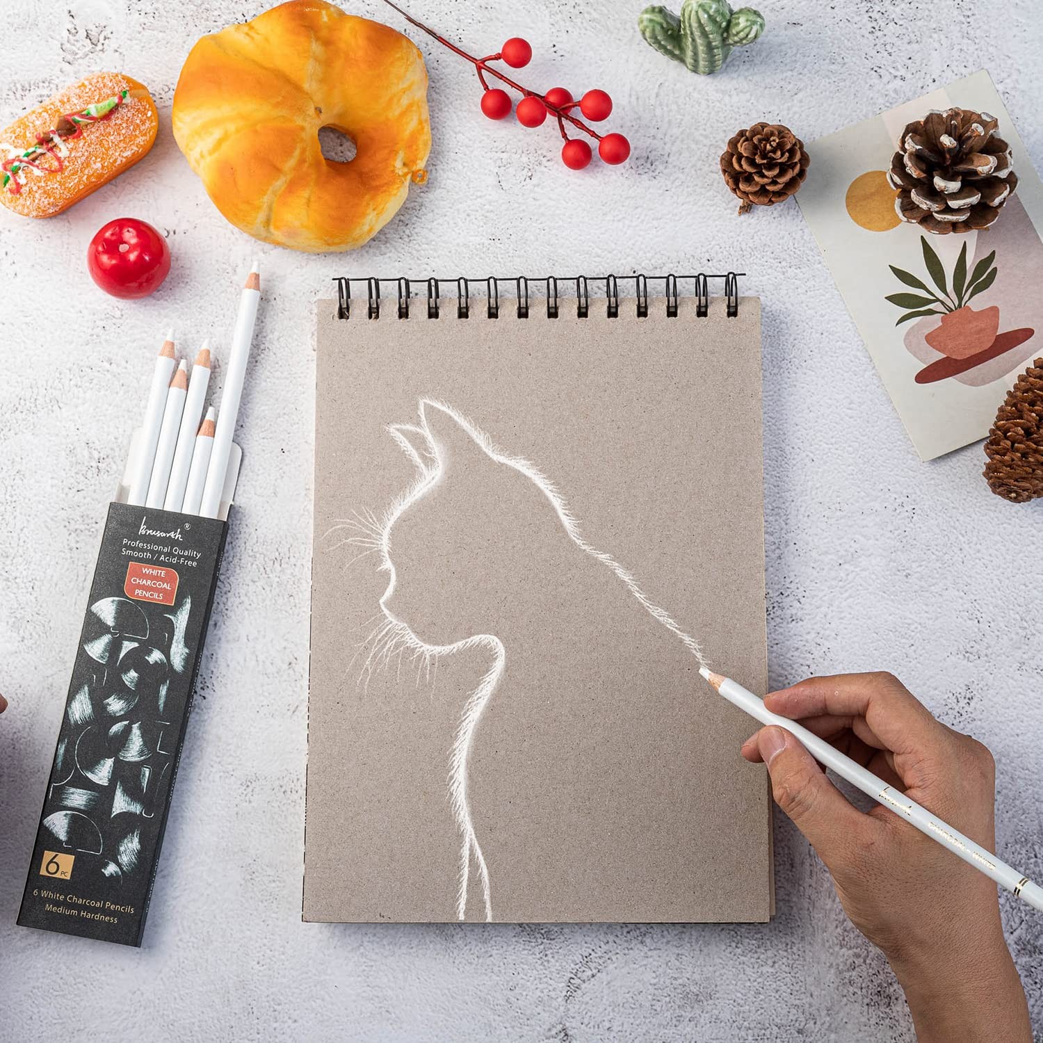 Brusarth White Charcoal Pencils Drawing Set, Professional 6-Piece