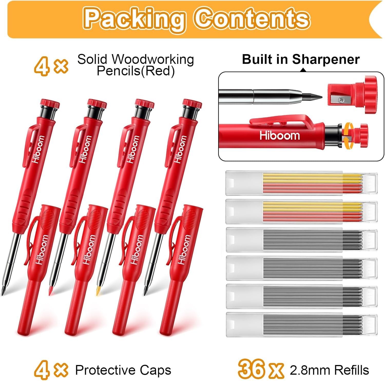 Hiboom 4 Pack Carpenter Pencils with 36 Refills (Red, Black, Yellow), 2.8 Red