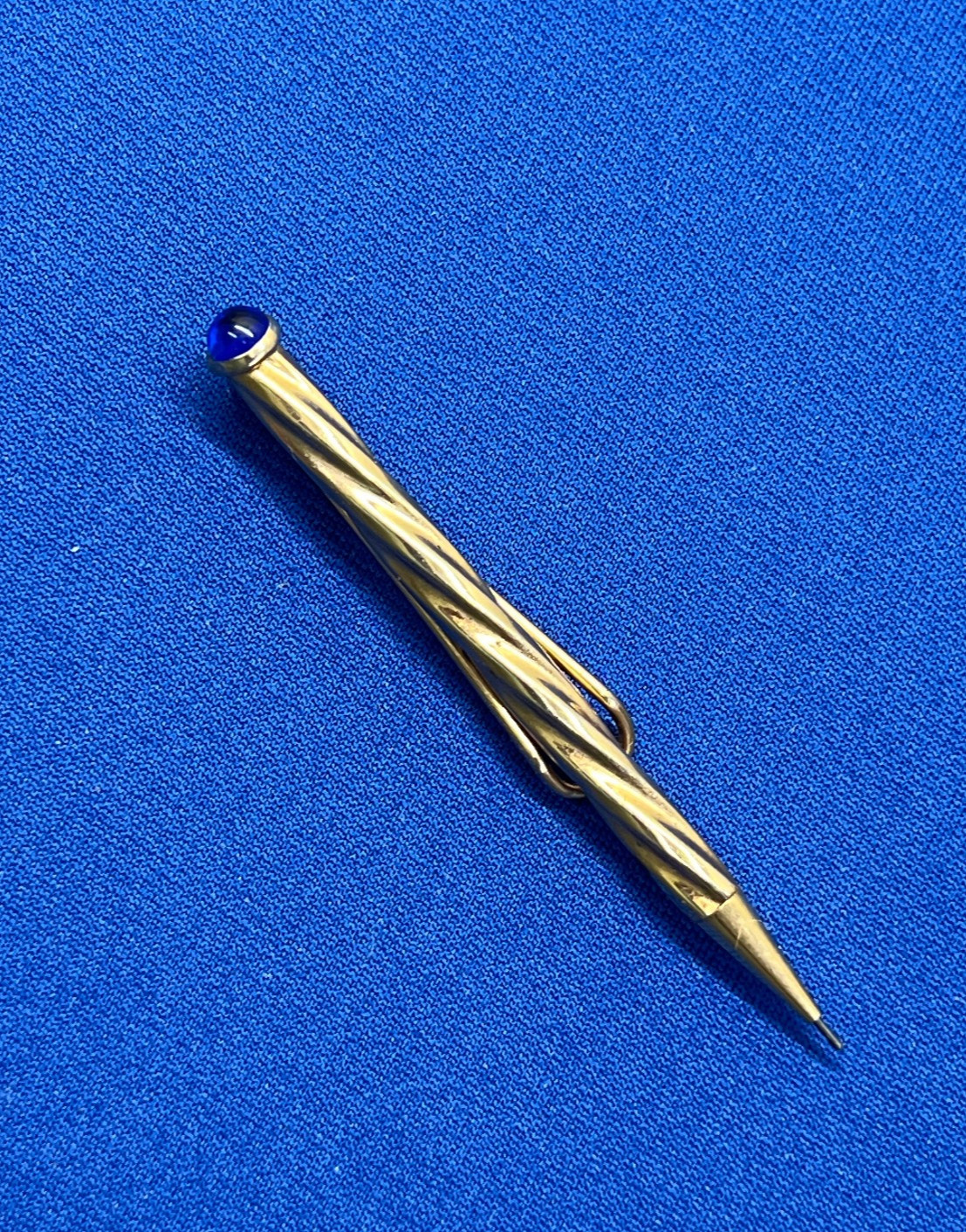 Vintage Gold Tone Mechanical Pencil Blue Cabochon End Cap Pocket Clip Working