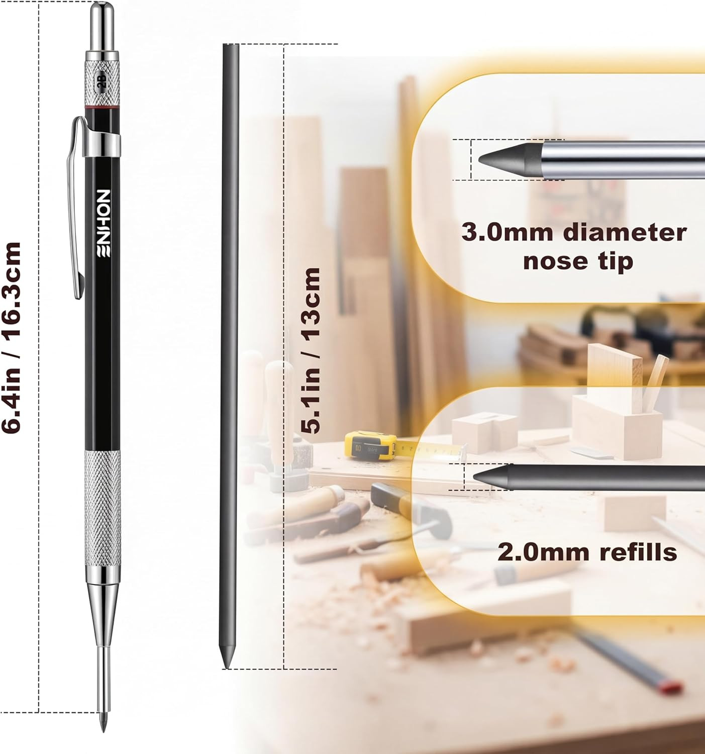 2Mm Mechanical Carpenter Pencil Set with 12 Marker Refills and Sharpener, Woodwo