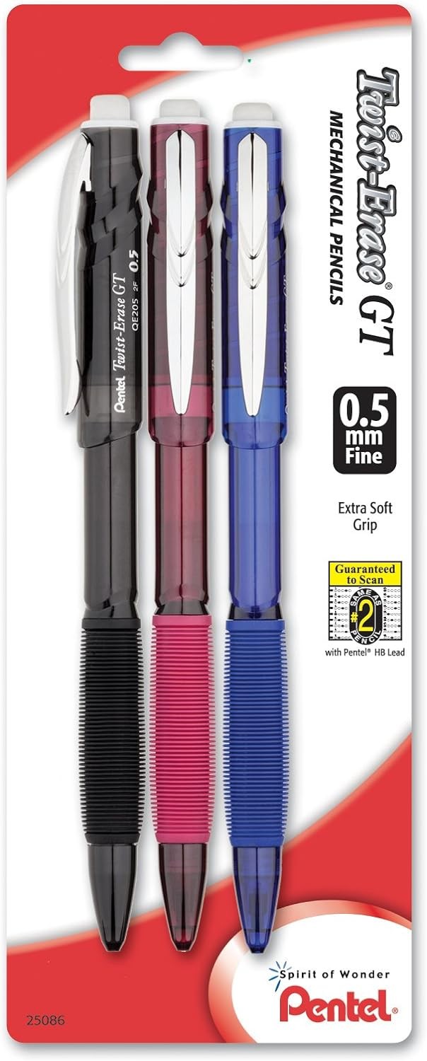 Pentel Twist-Erase GT (0.5mm) Mechanical Pencil, 3 Count (Pack of 1), Random