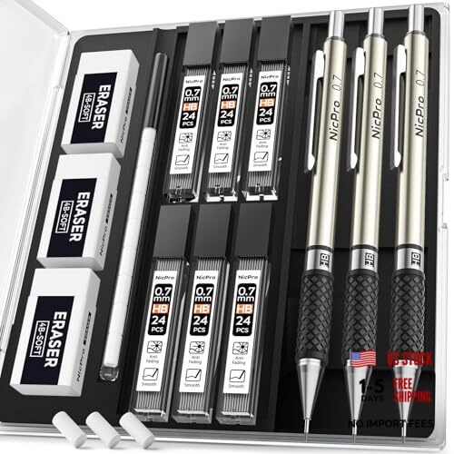 0.7 mm Art Mechanical Pencil Set in Storage Case, 3 PCS Metal 3 Pack (0.7mm)