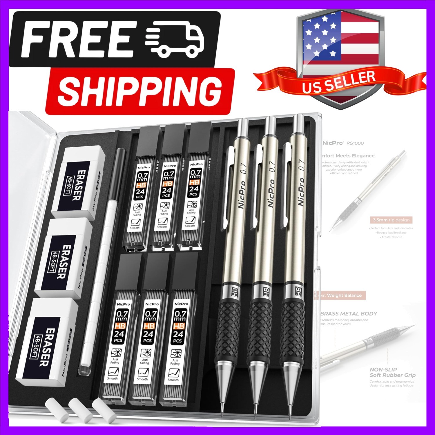 0.7 mm Art Mechanical Pencil Set in Storage Case, 3 PCS Metal Drafting Pencil…