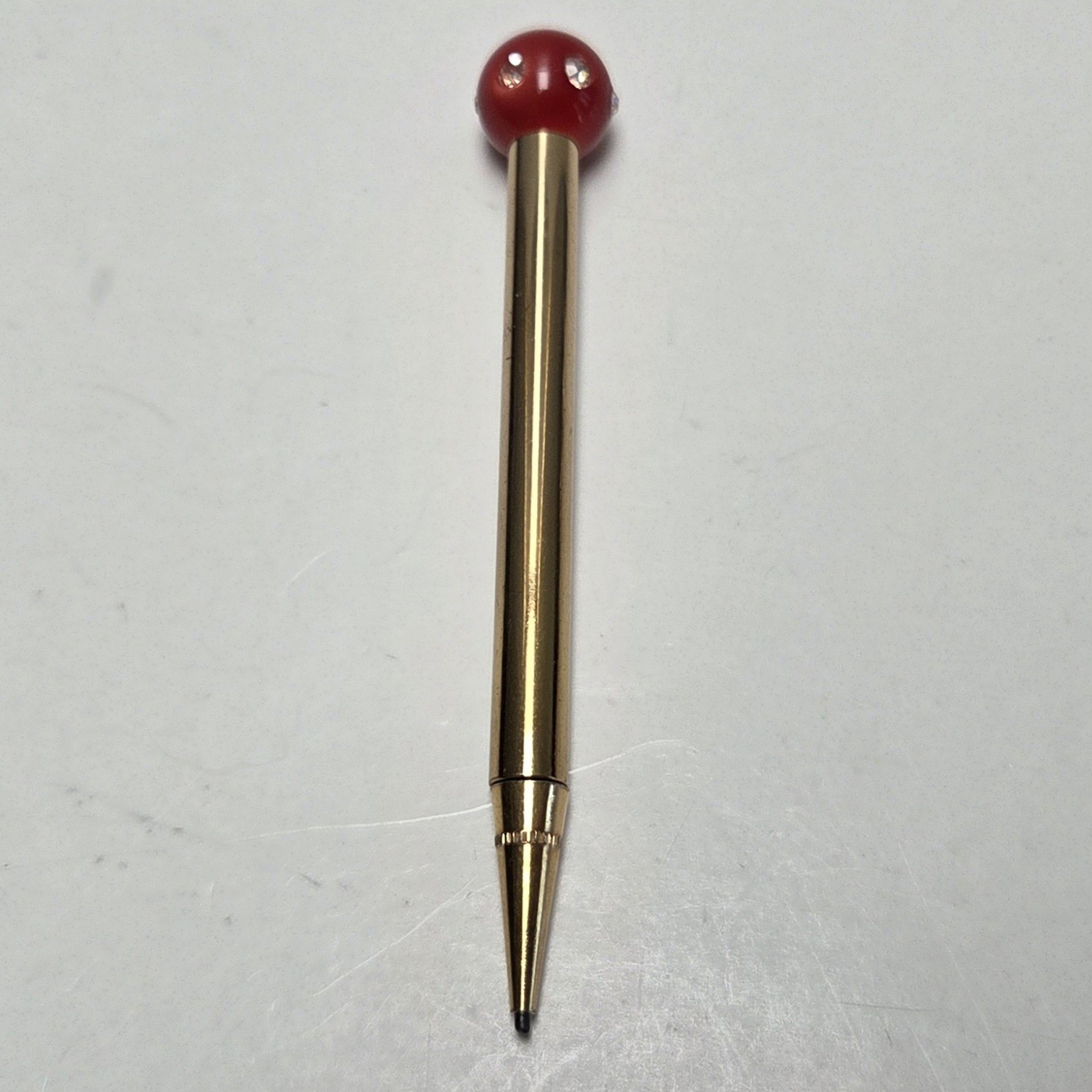 Vintage Gold Tone Brass Metal Mechanical Pencil w/ Red Ball Tip and Rhinestones