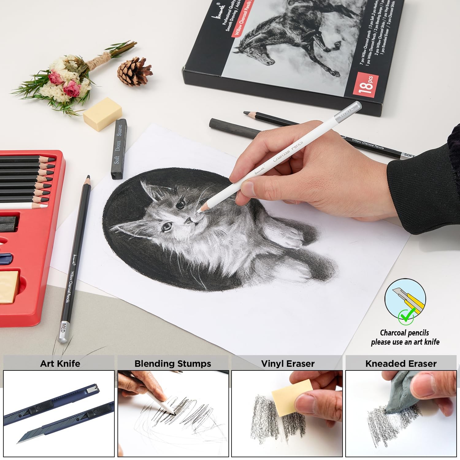 Brusarth Charcoal Pencils for Drawing, 18 Pcs Art Pencil Kit, Black,White