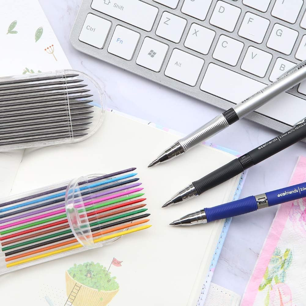 3 Pcs 2.0mm 2B Mechanical Pencils with Lead Refills Blue Black Silver New
