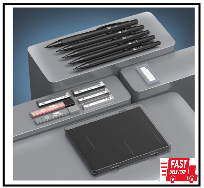 – Metal Mechanical Pencil Set with Lead and Eraser Refills 5 Sizes Black 0.3