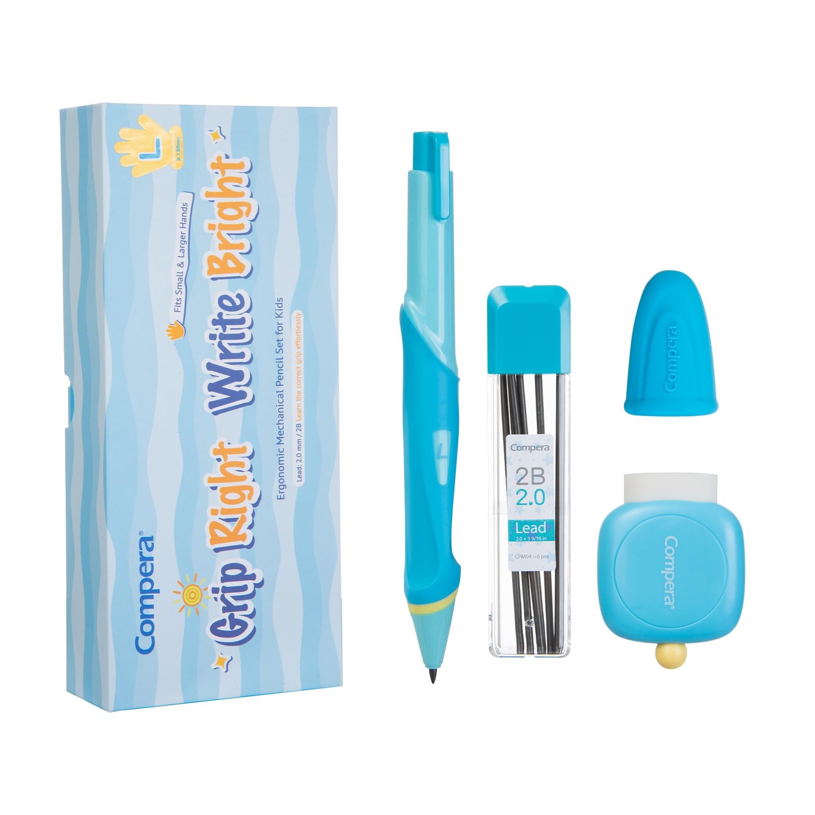 Blue L Ergonomic 2.0mm HB Mechanical Pencil Set Kids Handwriting Aid Refill