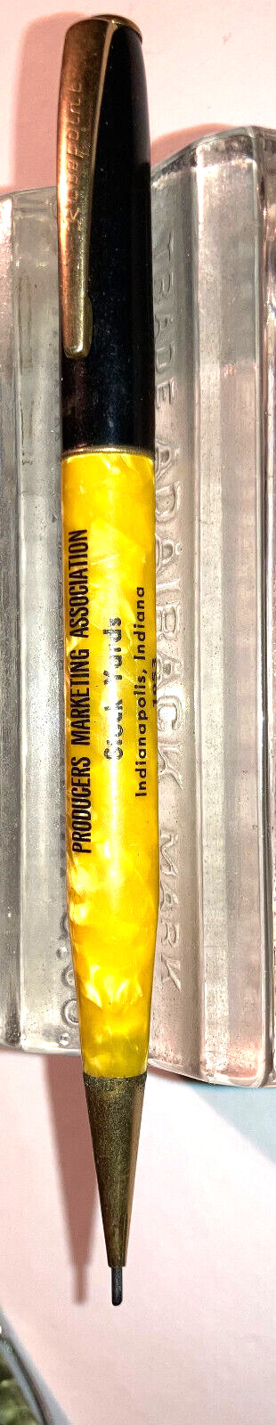 Vintage RITEPOINT Adv. Mech. Pencil-1953-5.25″ Indianapolis Stockyrd White Mrbld