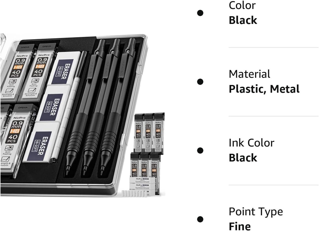 Nicpro Metal 0.9 mm Mechanical Pencils Set with Case 3PCS Black 0.9mm Drafting