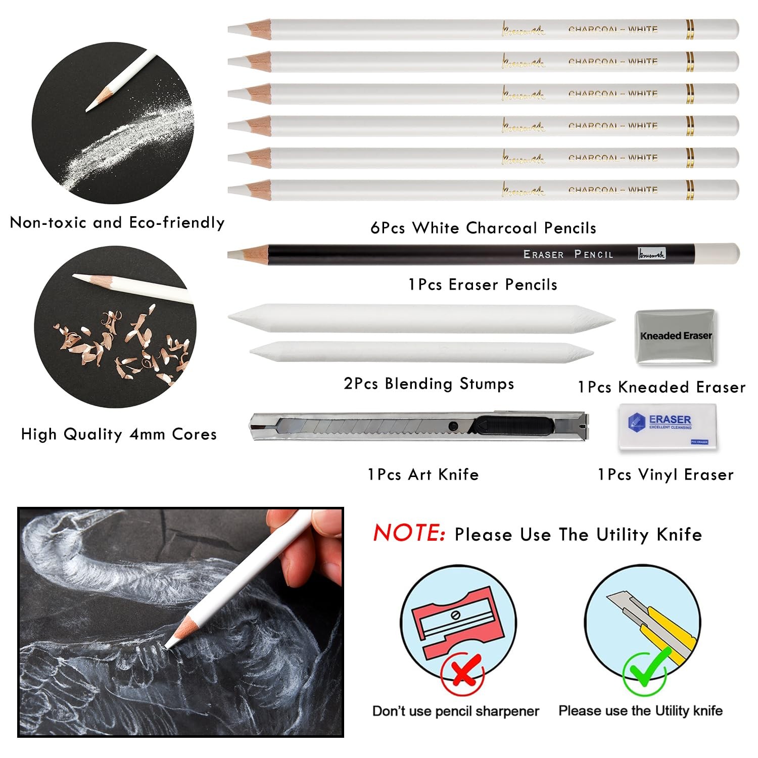 Brusarth White Charcoal Pencils Set – 12 Piece Sketch Highlight