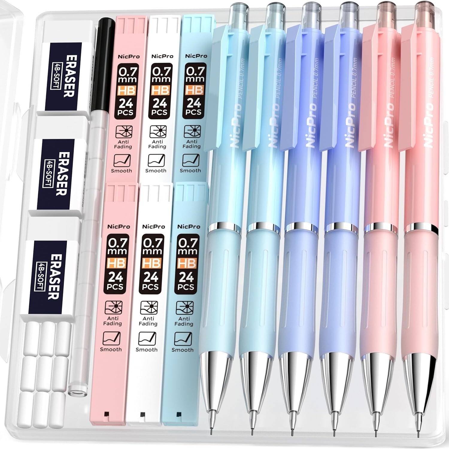 Complete Cute Pastel 6PCS Mechanical Pencil Set with Storage Case for Students
