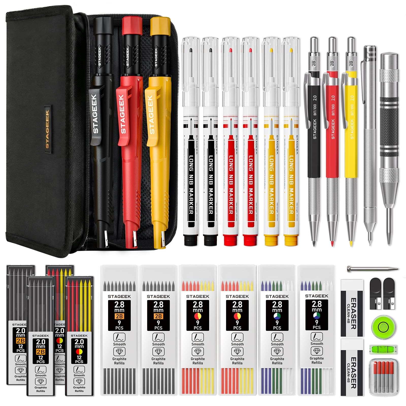 33 Pack Carpenter Pencils Set with Sharpener, 108 Refills, Long-Nib Markers & To