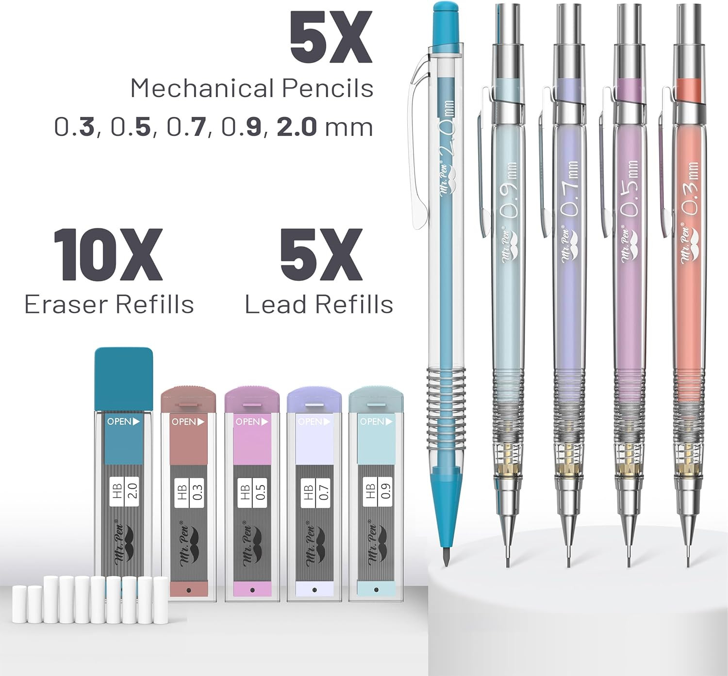 Mr. Pen- Pastel Mechanical Pencil Set, 5 Mechanical Pencils (0.3, 0.5, 0.7 | 0.9
