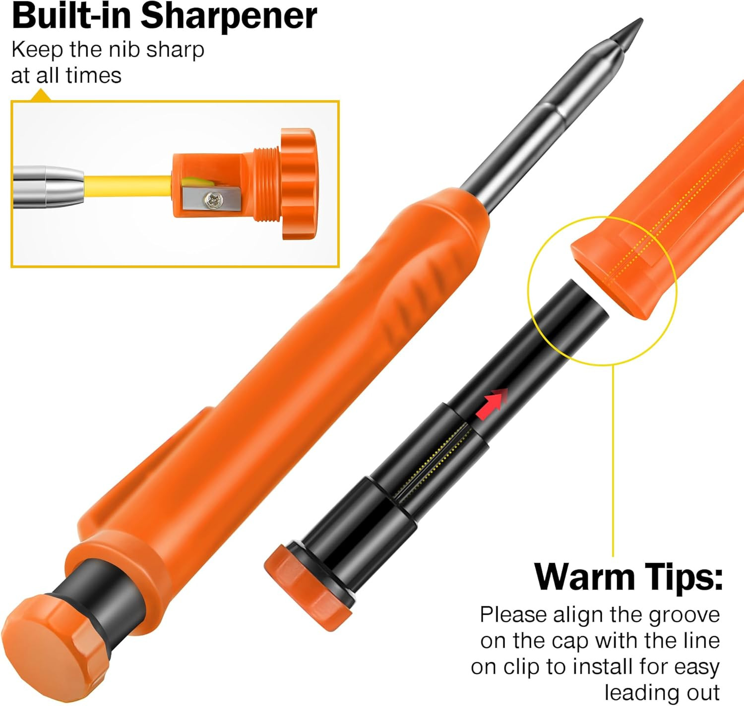 2 Pack Solid Carpenter Pencils with Pencil Cap and 18 Refills, Long Nose Deep Ho