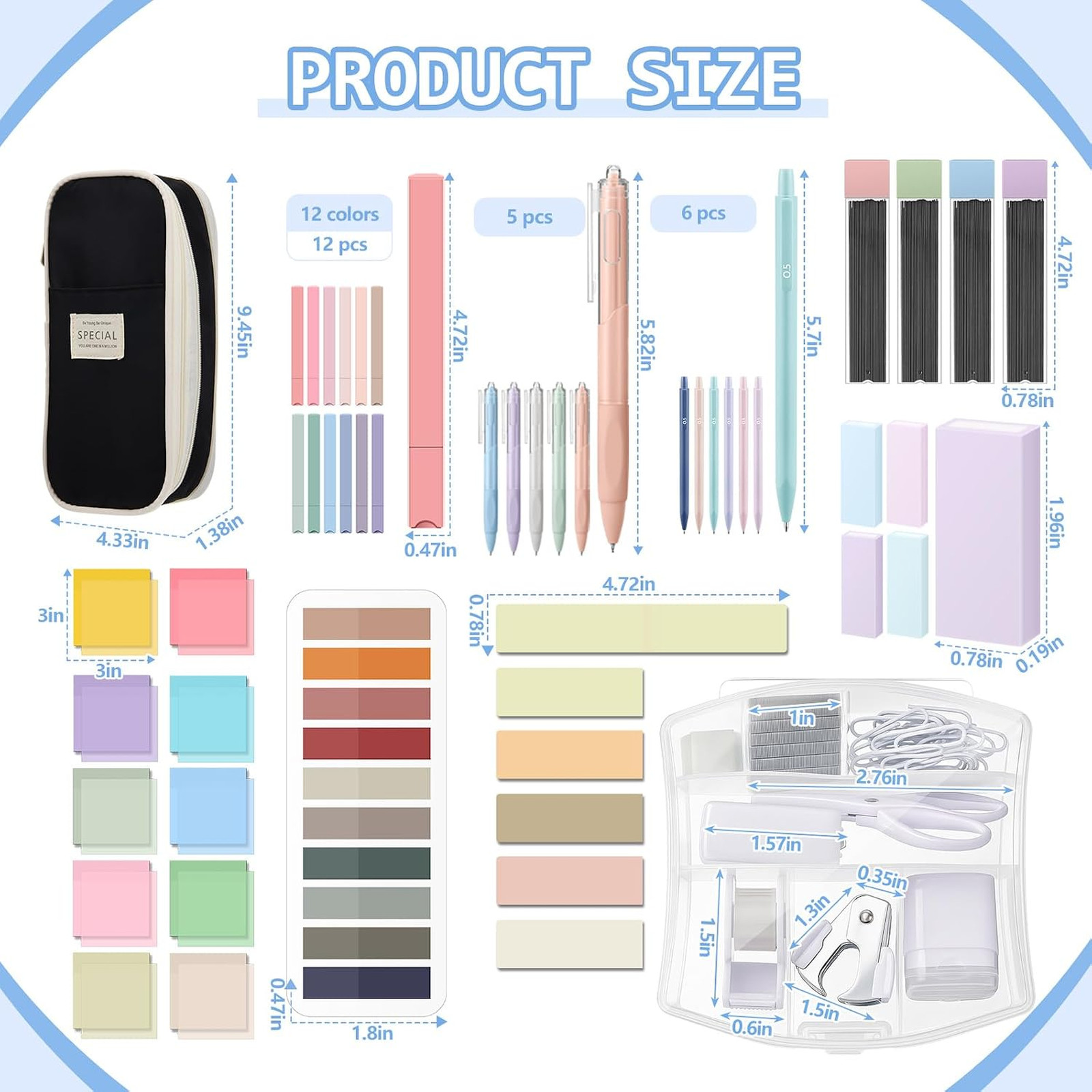 Aesthetic Stationery Set with Mini Stapler Highlighters Sticky Notes Notebook