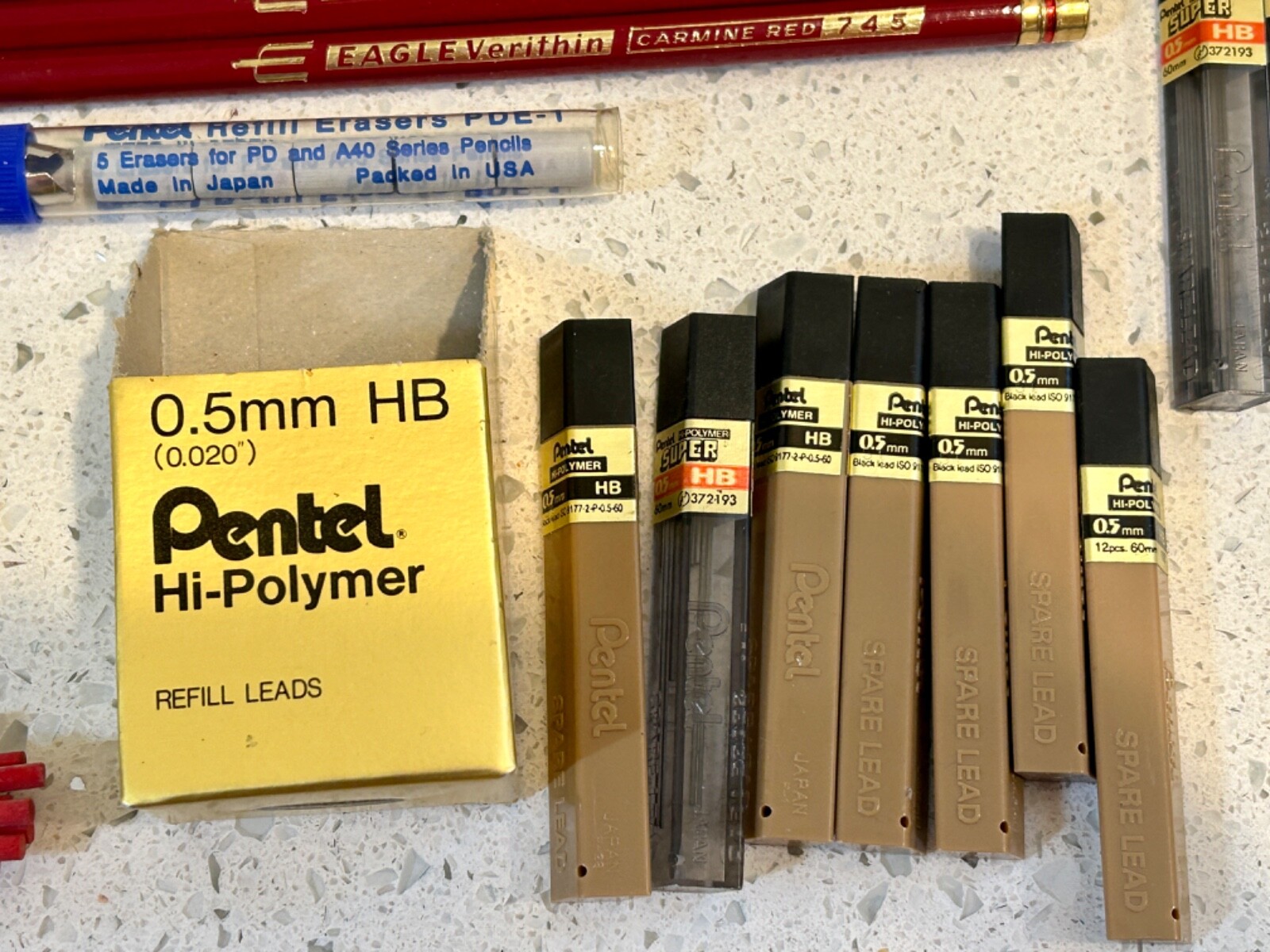 Pentel 0.5mm Hi-Polymer & Super Refill Pencil Leads 6 Full Tubes in Orig. Box