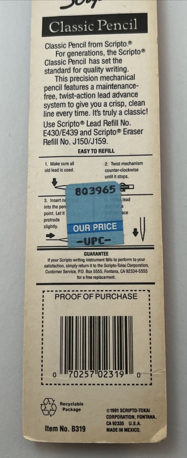 Vtg 1991 Scripto Classic Long Lead Pencil & Lead Pack NOS Blue Clear Rare New