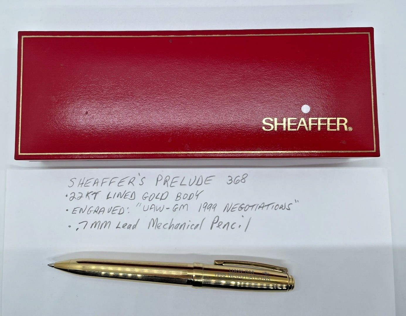 Sheaffer ‘s Prelude 368 22K Gold Plated .7mm Mechanical Pencil USA ‘UAW GM’
