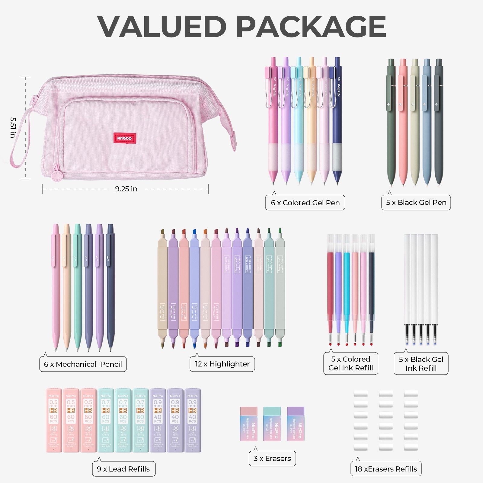 Nicpro 55PCS Aesthetic School Supplies: Pastel Highlighters, Gel Pens, Mechanica