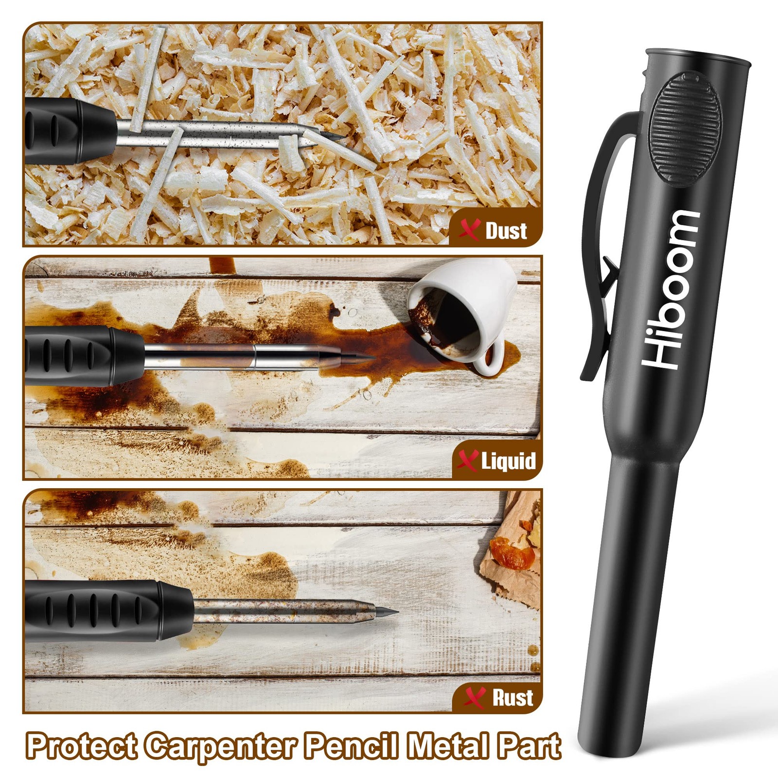 Hiboom 2 Pack Solid Carpenter Pencils with Pencil Cap and 18 Refills, Black
