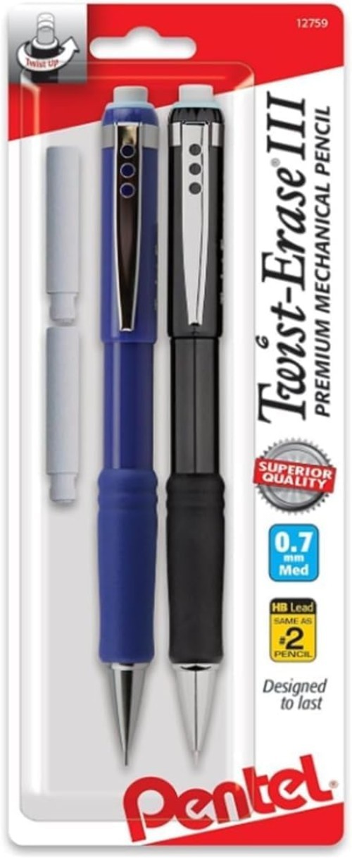 Twist-Erase III 0.7mm Pencils – Ergonomic Grip & 2 Refills for Precision Writing