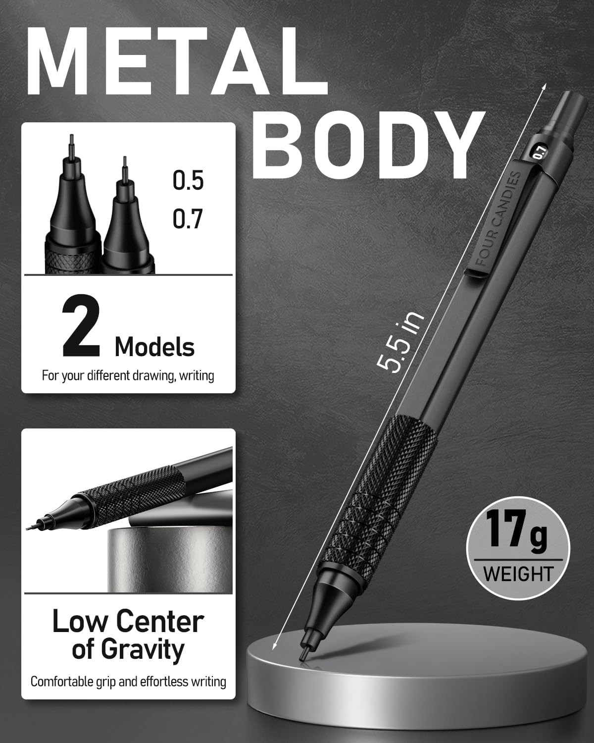 2PCS Metal Mechanical Pencils Set with Case, 0.5mm & 0.7 mm Artist Pencil with 6